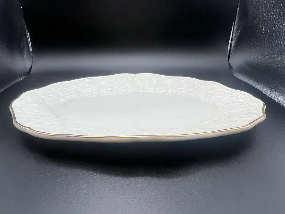 White Porcelain Oval Serving Platter with Embossed Rose Motif and Gold Trim